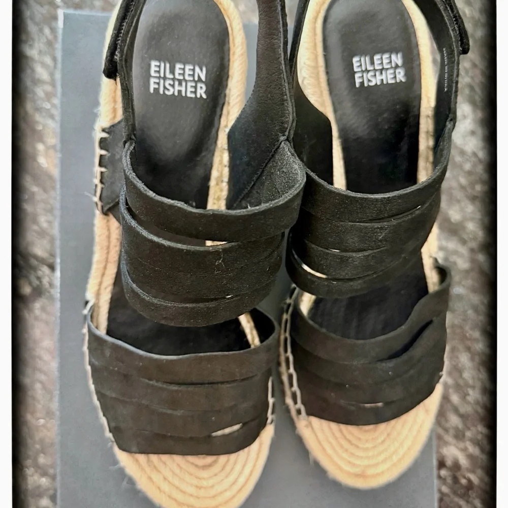 Eileen Fisher 7.5 Black Suede Strappy Espadrille Wedges